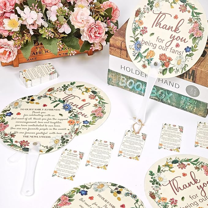 Cinrobiye 100 Sets Wedding Hand Fans Bulk for Guests, Handheld Fans with Thank You Cards, Outdoor Bridal Shower Favors