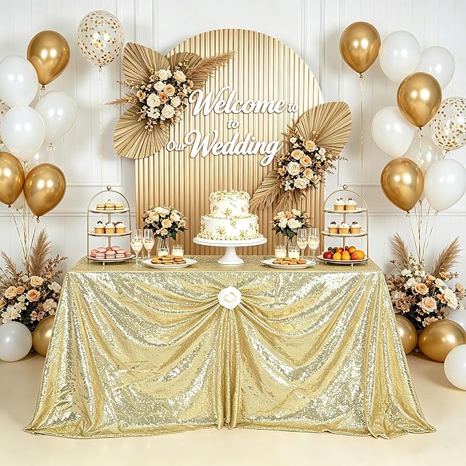 MoKoHouse Light Gold Tablecloth Rectangle 60" x 102" Glitter Table Cloth Sequin Fabric for Halloween Party Wedding Ceremony Cake Dessert Table Decorations
