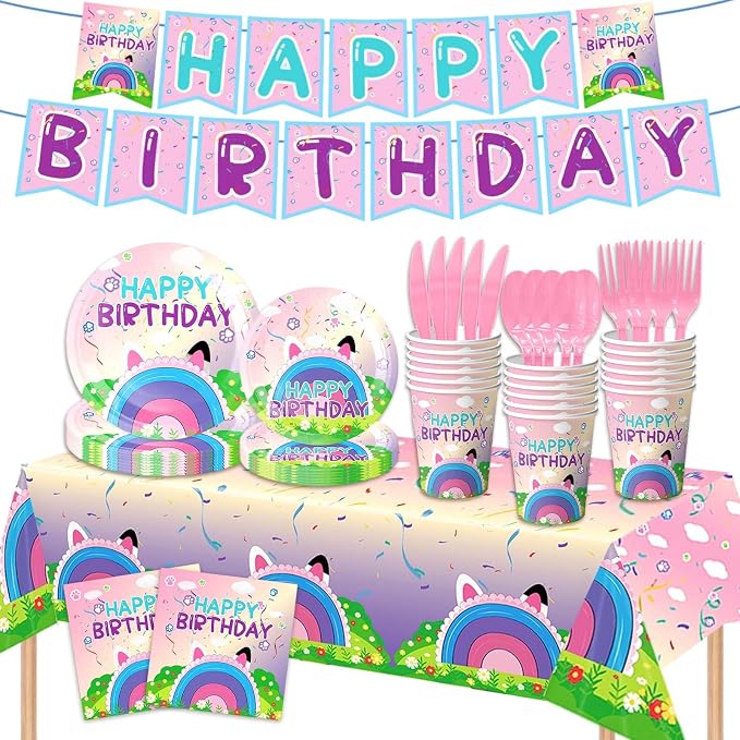 170PCS Dollhouse Birthday Party Decorations, Dollhouse Party Supplies for Kids - Tableware Set with Plates, Cups, Napkins, Cutlery and Banners, Serve 24
