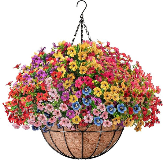 ZeeDix 18 Pcs Artificial Flowers Hanging Baskets for Outdoors Spring Summer Decor,14 Inch Hanging Planter with Fake Silk Flowers Look Real for Front Porch Patio Balcony Garden Home