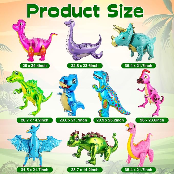 Foilswirl 10 Pcs Giant 3D Dinosaur Balloons for Birthday Party Decorations (20-35") Cute Self-standing Dino Balloons Inflatable Foil Balloon for Jungle Theme, Jurassic Theme, Baby Shower Supplies