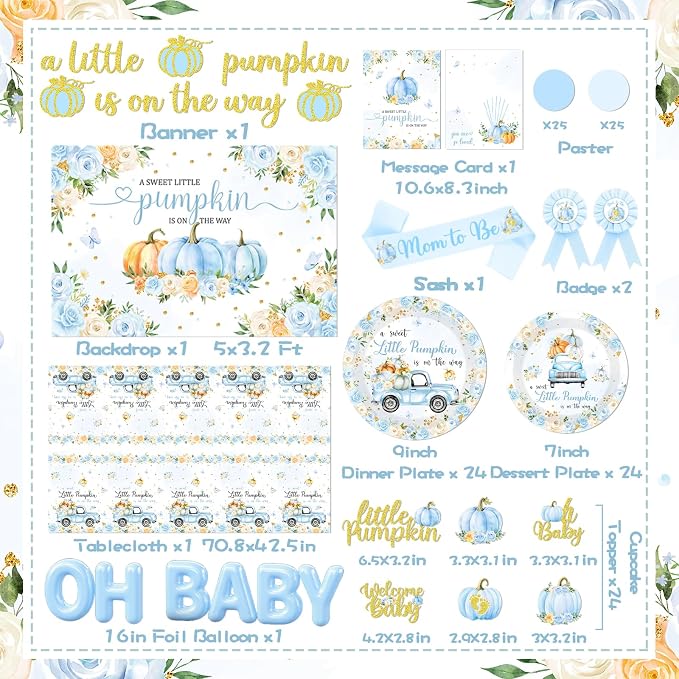 249pcs Little Pumpkin Baby Shower Decorations for Boy,A Sweet Little Pumpkin is On the Way Baby Shower,Blue Pumpkin Floral Balloons Plates Boxes Tablecloth for Fall Thanksgiving Autumn Party Decor