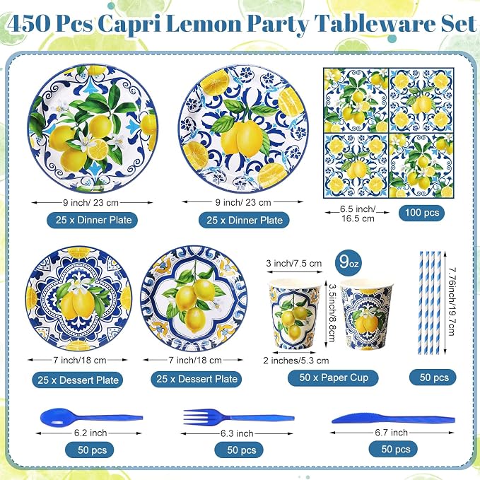450 Pcs Capri Lemon Party Tableware Set Decorations Mediterranean Blue and Yellow Paper Plates Napkins Cups Cutlery Straws for Summer Birthday Wedding Baby Bridal Shower Supplies, Serves 50