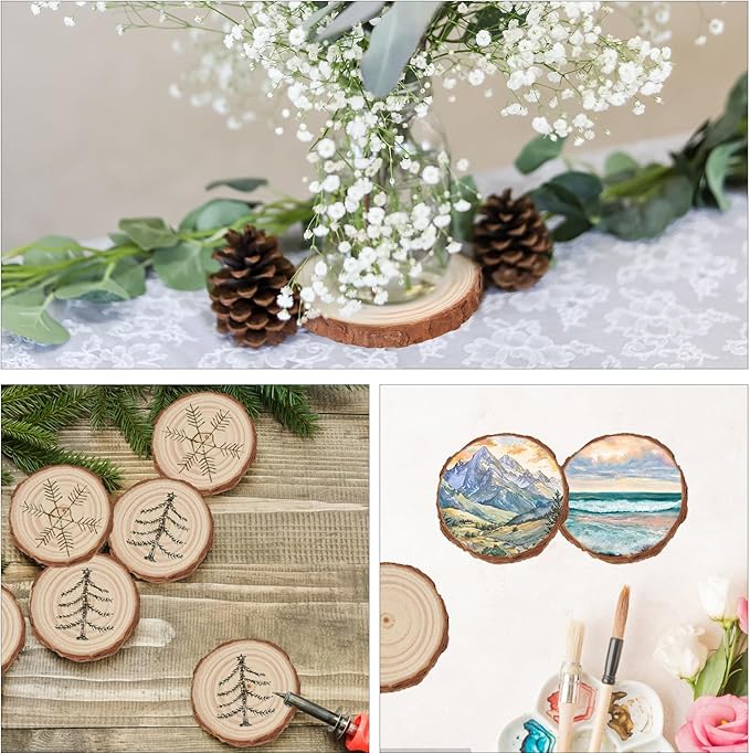 80 PCS 3.15-4 Inch Mini Round Wood Slices, 3.15-4 Inch Small Wooden Slices with Tree Bark, Rounds Wooden Slice for DIY Crafts, Centerpieces, Art & Decor
