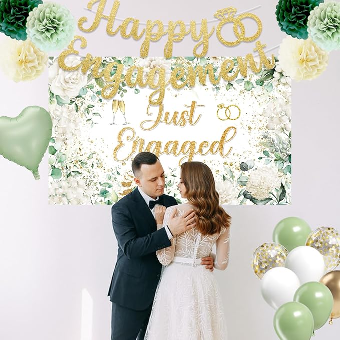 Sage Green Engagement Party Decorations for Couple Just Engaged Decorations, Happy Engagement Banner, Backdrop, Tissue Paper Pom Poms, Balloons, Tassel Garland for Wedding Bachelorette Party Decorations