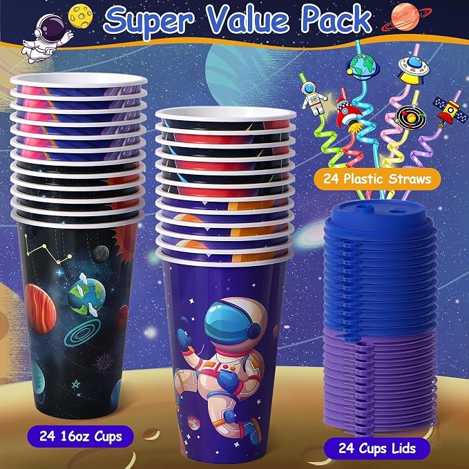 24 Sets Space Birthday Party Decorations Cups with Lids and Straws,16 oz Outer Space Party Favors for Kids, Galaxy Party Supplies Gifts