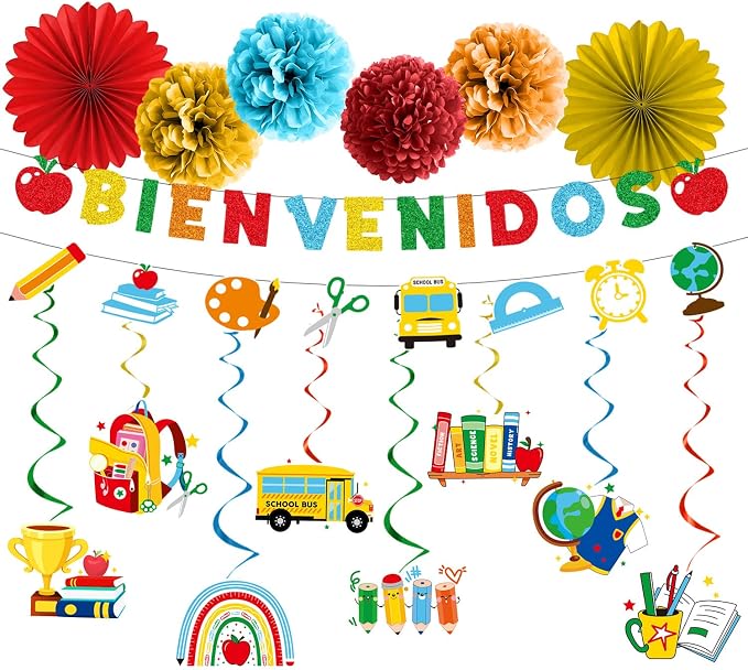 Welcome Back to School Decorations - 16PCS Spanish Bienvenidos Party Banners Hanging Swirls Paper Fans Pompoms Decor, First Day of School Classroom Party Home Decor Supplies