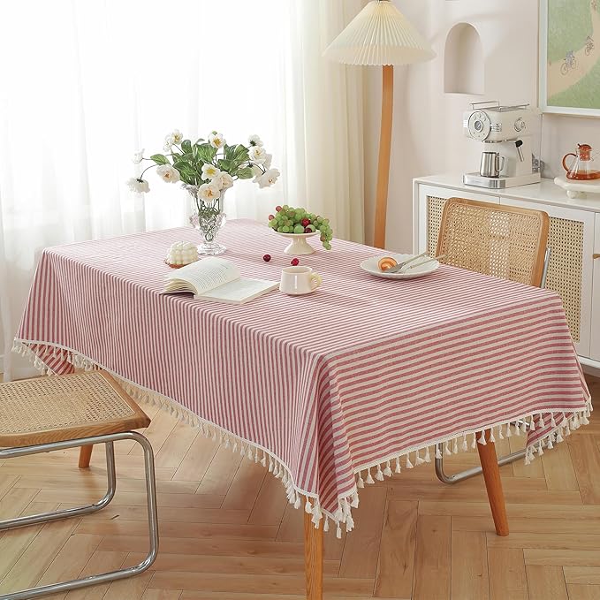 meioro Tablecloth Striped Fringe Table Cloth Rectangular Tablecloths Cotton Linen Table Cover for Dining Coffee Buffet Kitchen Picnic Use(39 x 55 Inch, Red)