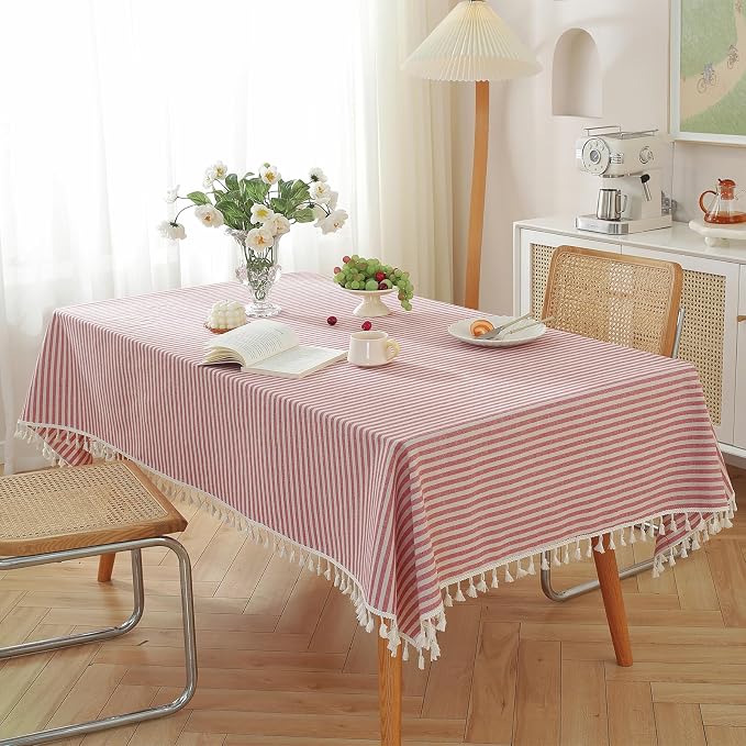 meioro Tablecloth Striped Fringe Table Cloth Rectangular Tablecloths Cotton Linen Table Cover for Dining Coffee Buffet Kitchen Picnic Use(55x102 Inch, Red)