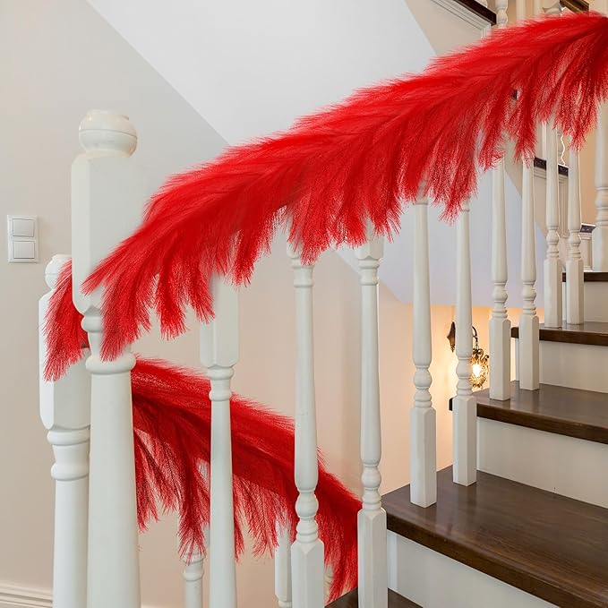 2025 2 Pcs 6 ft Christmas Tree Garland Decoration Pampas Grass Garland Faux Artificial Fabric Feathers Boho for Mantle Xmas Tree Home Farmhouse Christmas Holiday Party Supplies(Red)