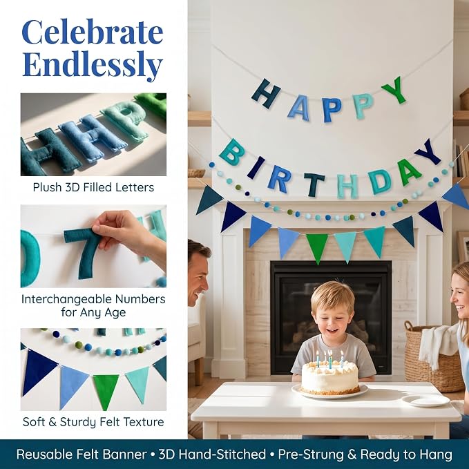 Pre-Strung Felt Happy Birthday Banner Decorations for Women Men | 3D Blue Birthday Party Decorations Sign with Replaceable Numbers 0-9,Multicolor Felt Ball & Triangle Flags Garland (Blue)