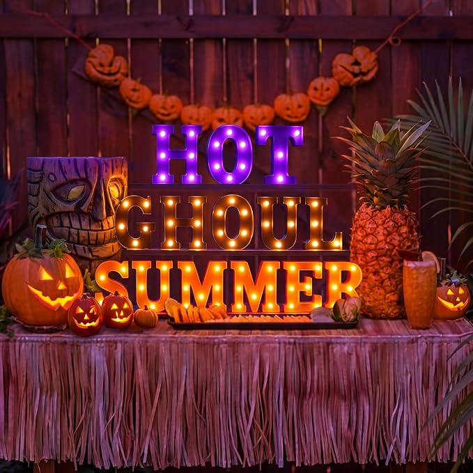 Honoson 14 Pcs Summer Halloween Party Decorations Hot Ghoul Summer Light Sign LED Funny Summers Theme Decor for Hawaiian Pool Beach Halloween Birthday Party Decorations