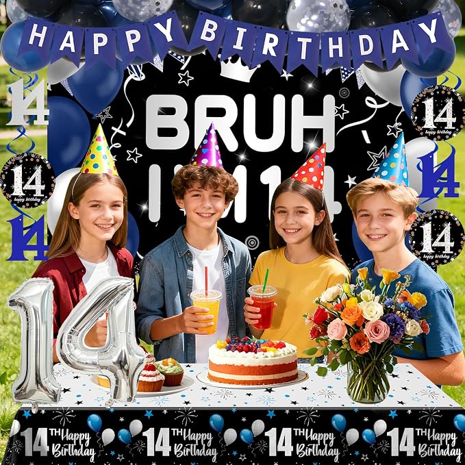 14th Birthday Decorations for Boys Girls, 54 PCS Blue Black Party Decor, 14 Year Old Boy Birthday Party Supplie with Banner Backdrop, Hanging Swirls, Tablecloth, Bruh Its My Birthday Decorations