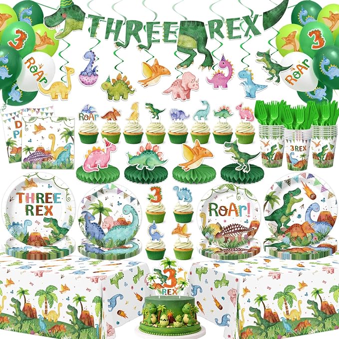 210 Pcs 3rd Dinosaur Birthday Party Decorations 24 Guests ，Three-Rex T-Rex Rawr Dino Party Supplies with Banner Hanging Plates Napkins Cups Forks Knives Tablecloth Topper Balloons for Boy Party