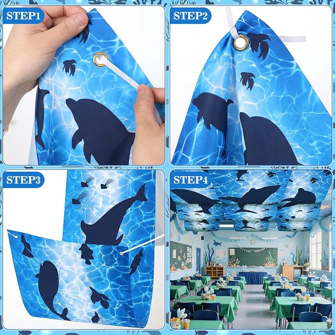 Feifeiya 3 Pcs Under The Ocean Classroom Ceiling Decor 24 Inch x 12 ft Summer Whale Birthday Party Decor VBS 2026 Under The Sea Ceiling Cover Shark Banner for Preschool Kindergarden School Daycare