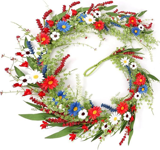 6.56 Ft 4th of July Flower Garland Wreath Patriotic Red Blue White Daisy Vine Garland Artificial Wild Floral Garland for Independence Day Arch Porch Stair Table Indoor Door Home All Year