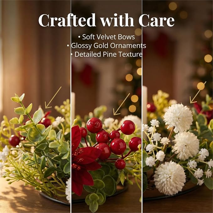 MOYEE Christmas Winter Centerpieces for Tables Candle Ring, Black Metal Candlestick with an Artificial Wreaths 14 in Versatile Dining Table Centerpiece Decor (White Ball Wreath)