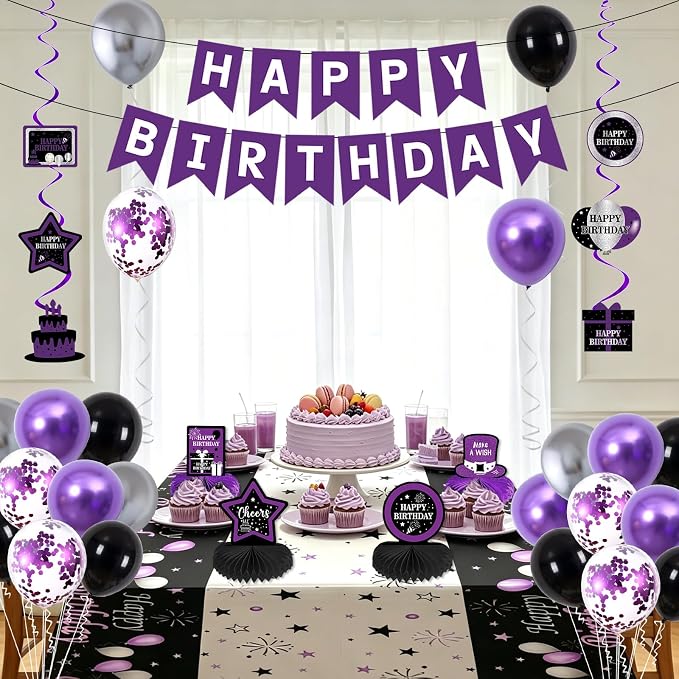 Black and Purple Birthday Decorations for Women Girls Men, Purple and Silver Party Decorations Happy Birthday Banner Backdrop Honeycomb Centerpiece Table Decoration Black Confetti Silver Balloons Arch