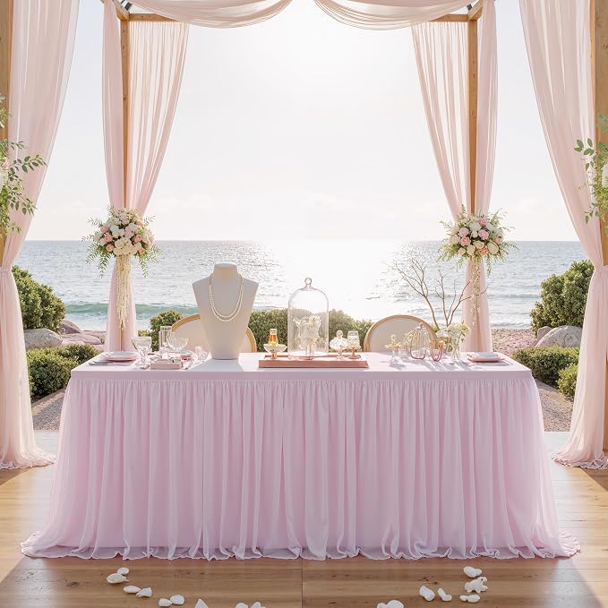 familus 8ft Pink Spandex Fitted Tablecloth with Tulle Table Skirt - 2-in-1 Structured Tutu Table Cover for Weddings, Trade Shows, Banquets & Sweetheart Tables