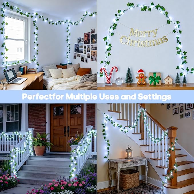 JMEXSUSS 33Ft Vines with Lights Battery Operated, 100 LED Ivy Vines with Fairy Lights Leaf with Remote for Bedroom Wall Classroom Dorm Wedding Birthday Party Decor(White)