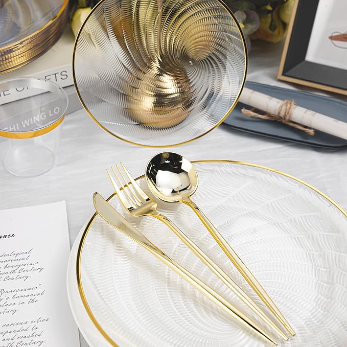 N9R 180 PCS Disposable Dinnerware Set with Gold Rim Clear Plastic Plates for 30 Guests, Include 30 Dinner Plates, 30 Dessert Plates, 30 Cups, 90 Heavy Duty Gold Plastic Silverware for Party & Wedding