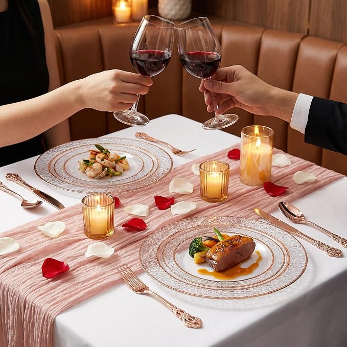 102PCS Rose Gold Plastic Plates - Clear Rose Gold Disposable Plates - Elegant Hammered Plate Include 51PCS 7.5inch Dessert & 51PCS 10.25inch Dinner Plate for Wedding Party