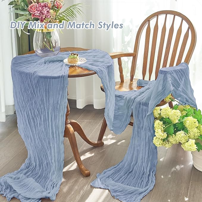 IVAPUPU 4 Pcs Cheesecloth Table Runner - 10ft Dusty Blue Spring Boho Gauze Cheese Cloth Table Runners for Baby Shower Decoration Wedding Party Garden Farmhouse