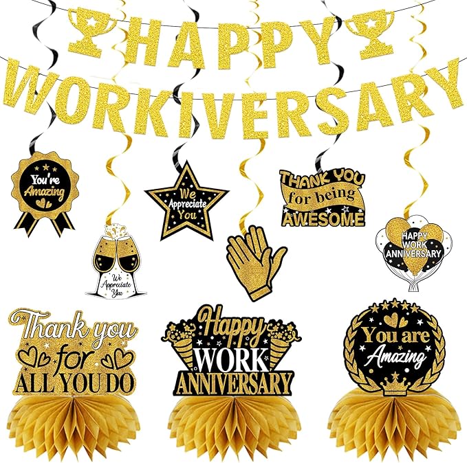 Zirtorei Happy Workiversary Decorations for Men Women Employee, 11pcs Black Gold Work Anniversary Banner Party Supplies, Workiversary Honeycomb Centerpieces Hanging Swirls Business Gift for Office
