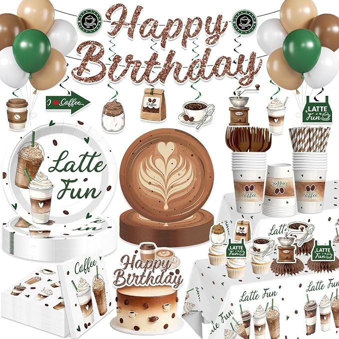 213pcs Coffee Birthday Decorations, Serves 25 People, Includes Pre-Strung Banner, Heavy-Duty 350gsm Paper Plates, Waterproof & Oil-Proof Disposable Plastic Tablecloths