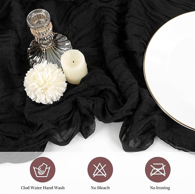 20 Pack Cheesecloth Table Runner 17 x 108 inch Long Boho Gauze Table Runners Semi Sheer Table Runner for Wedding Decor, Baby Shower, Birthday Party, Banquet (Black)