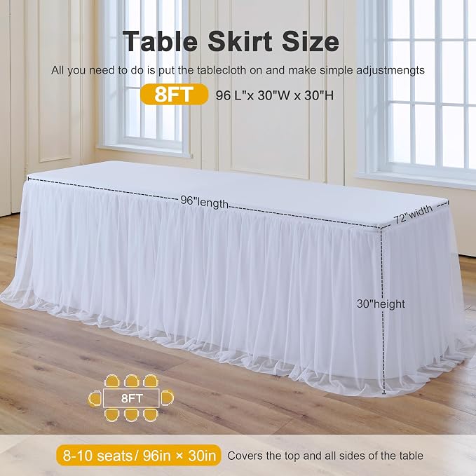 familus 8ft White Spandex Fitted Tablecloth with Tulle Table Skirt - 2-in-1 Structured Tutu Table Cover for Weddings, Trade Shows, Banquets & Sweetheart Tables