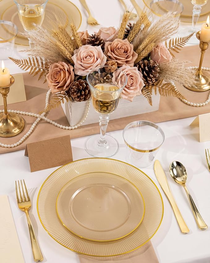 Hioasis 60pcs Brown and Gold Plastic Plates - Brown Disposable Dinnerware Set, 30pcs Dinner 10in & 30pcs Dessert 7in Plates with Striped Designs for Party & Wedding