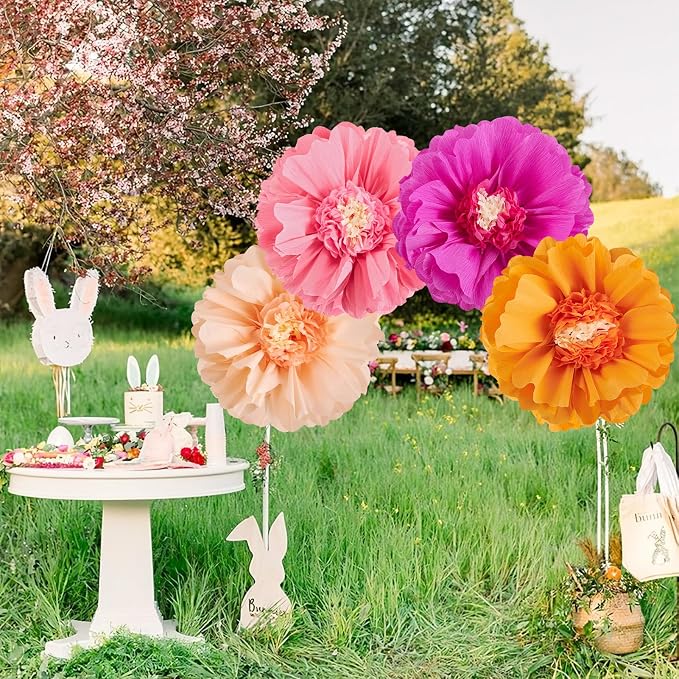 SUNBEAUTY Large Paper Flowers Decorations 4PCS 20'' Pink Orange Giant Paper Flowers Large Crepe Tissue Flower Decorations for Girls Women Birthday Baby Shower Spring Summer Wedding Wall Decor