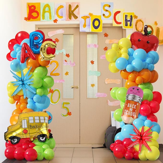 2 Sets Back to School Decorations Adjustable Balloons Column Stand Kit Kindergarten Graduation Decor with Pencil Schoolbus Apple Foil Balloons for First Day of School Tower Party Decorations