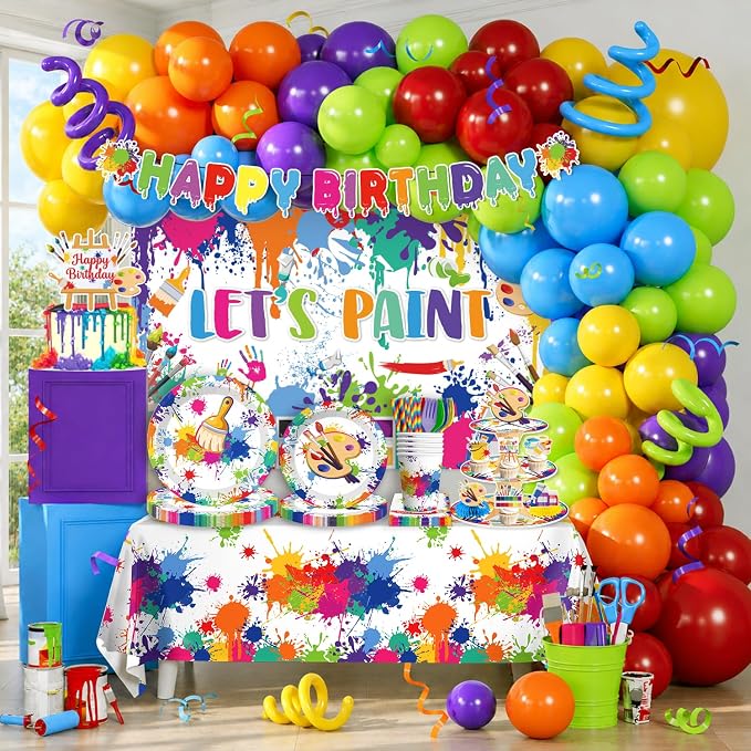 285PCS Paint Party Decorations, All-in-One Art Birthday Party Decorations with Balloon Garland, Backdrop, Tableware, Banner, Tablecovers, Cake Toppers, Serves 25