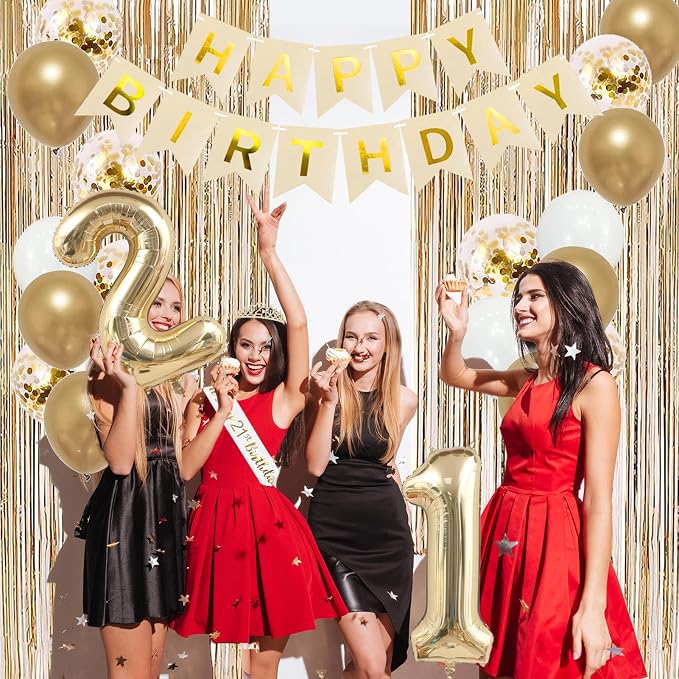 Trgowaul 21st Birthday Decorations for her, Champagne Gold Happy 21st Birthday Supplies for Girls, 21 Sash and Crown, Banner, Fringe Curtains, Cake Topper, 21 Year Old Party Supplies Set
