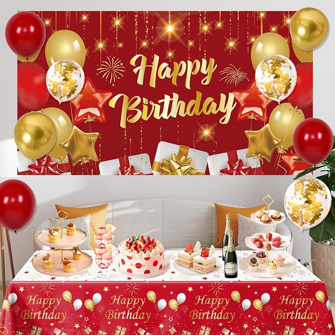 Red and Gold Birthday Decorations for Women Men Girls Boys, 72pcs Red and Gold Party Decorations Happy Birthday Backdrop Burgundy Confetti Star Balloon Arch Table Cloth Party Supplies
