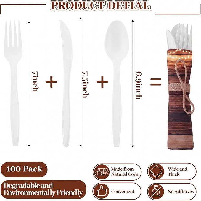 400 Pcs Rustic Wood Grain Wedding Supplies Biodegradable Disposable Tableware Set for 100 Guests Knives Spoon Fork Paper Napkins for Bridal Shower Camping Birthday Forest Themed Party