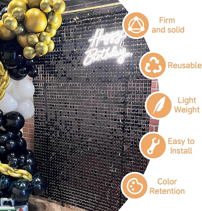 Black Shimmer Wall Backdrop,Shiny Sequins,12Pcs Sequins Backdrop Panels, Glitter Bling Photo Background for Birthday Party Wedding Engagement Anniversary Graduation (Each 1FT², Total 12FT²)