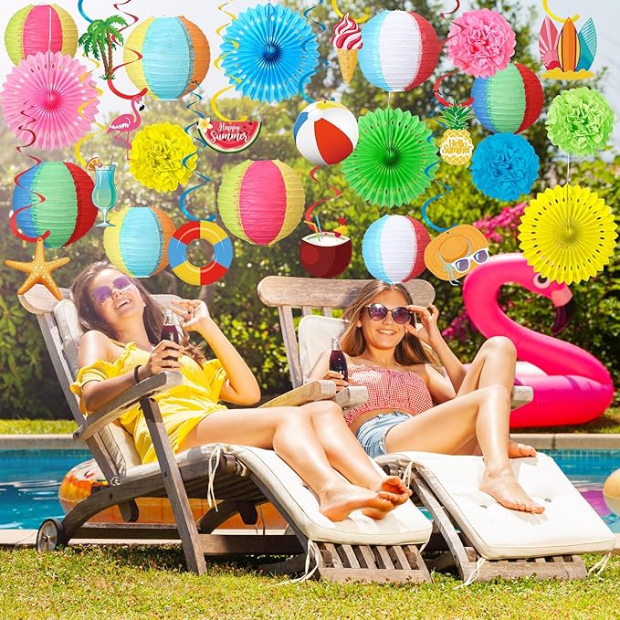 Crtiin 28 Pcs Beach Party Decorations Paper Lanterns Pom Poms Fans Spiral Cardboard Hanging Ornaments Hawaiian Tropical Themed Decor for Summer Pool Beach Birthday Party Supplies