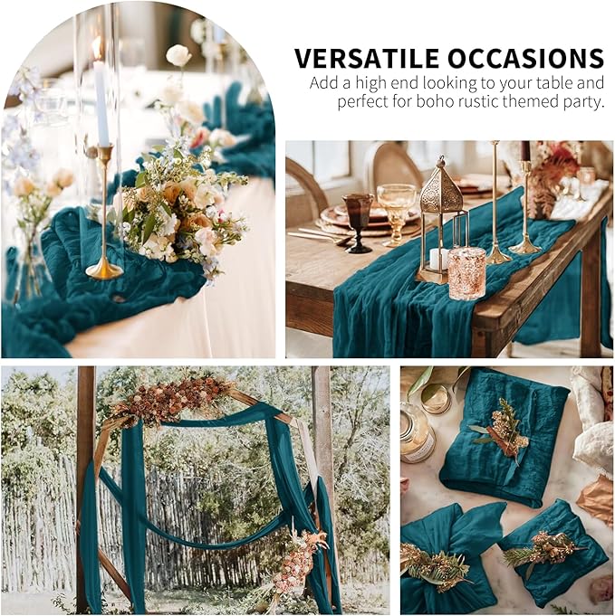 6 Pack Cheesecloth Table Runner,Teal Table Runner Long Romantic Semi Sheer Rustic Boho Gauze Table Runners for Wedding Bridal Shower Birthday Party Decorations(17.7×108 Inch)