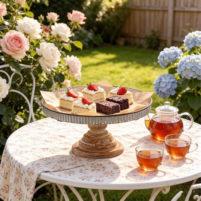 SOFE Rustic Galvanized Metal Cake Stand, Cupcake Stand Rustic Round Dessert, Appetizer Display Riser Stand with Wood Base Table Centerpiece for Wedding, Birthday, Party, Dining Room Kitchen Supplies