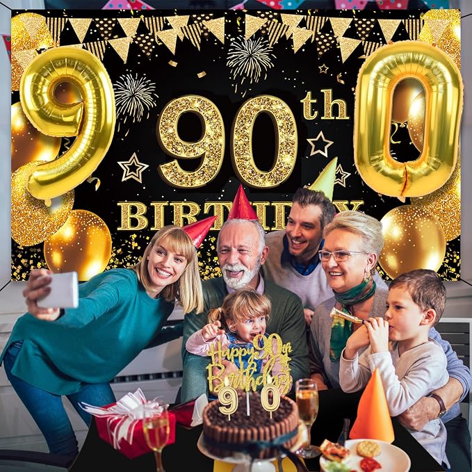90th Birthday Decorations Men Women with 90th Birthday Banner, Black and Gold Table Cloth, Number Balloons, Large Sash, Cake Topper and Candles