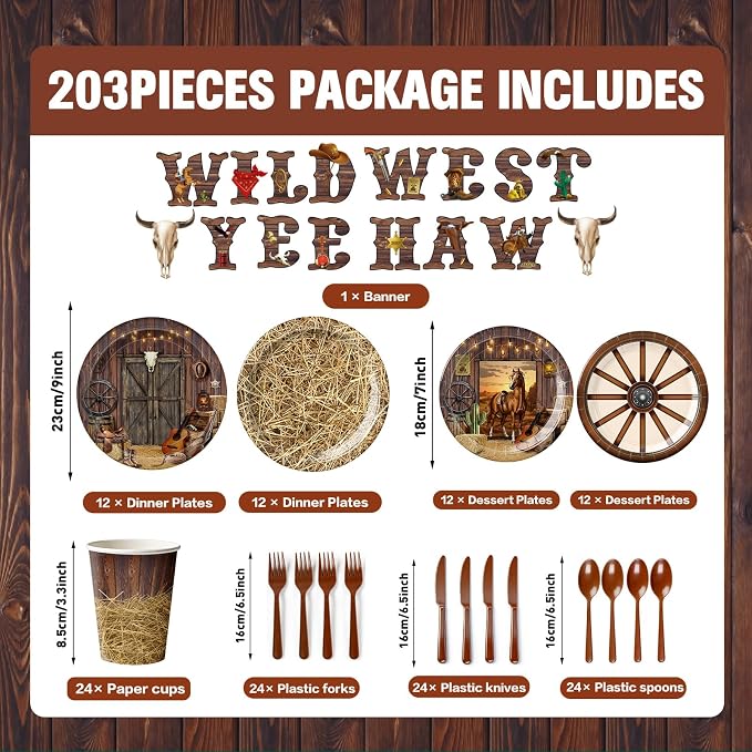 203pcs Western Cowboy Birthday Party Decorations Disposable Tableware Set Include Plates, Napkins, Cups, Cutlery, Balloon, Banner, Hanging Swirl, Tablecloth for Cowboy Birthday Decor Serve 24