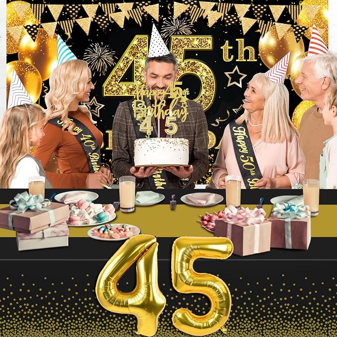 45th Birthday Decorations Men Women with 45th Birthday Banner, Black and Gold Table Cloth, Number Balloons, Large Sash, Cake Topper and Candles