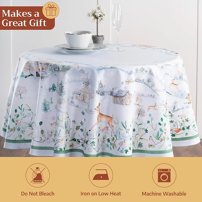 Maison d' Hermine Table Cloth Round Table 100% Cotton 69 Inches Fall Tablecloth Reusable Everyday Use for Thanksgiving Christmas Decorations Dining Farmhouse Party (Snowy World)