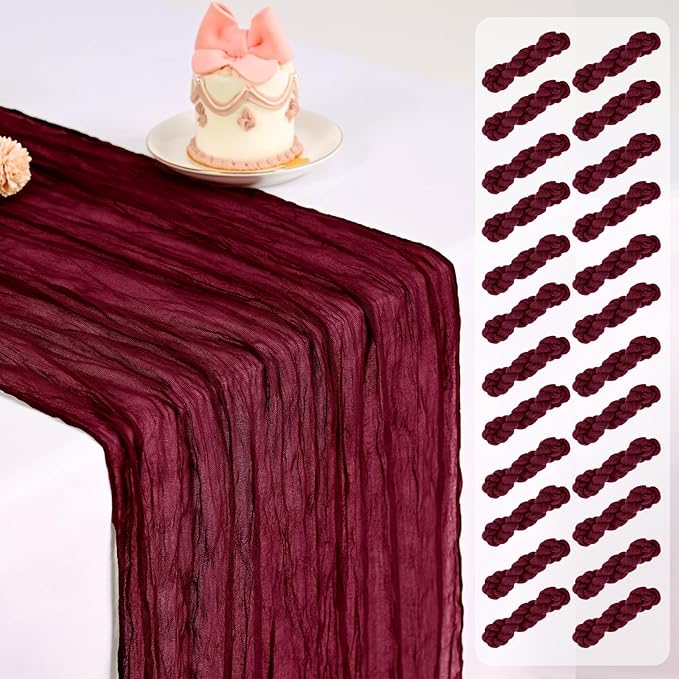 Pesonlook 24 Pack Cheesecloth Table Runner,Burgundy Table Runner Long Romantic Semi Sheer Rustic Boho Gauze Table Runners for Wedding Bridal Shower Birthday Party Decorations(17.7×108 Inch)