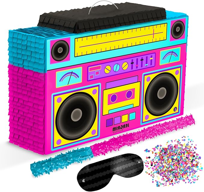 Jergrim Boombox Piñata 4-Piece Set perfect for Retro Birthday Party, Decorations, 80s Parties, Hip Hop 90s, 1980’s Radio Piñata for kids and adults (17”X10”) Durable!