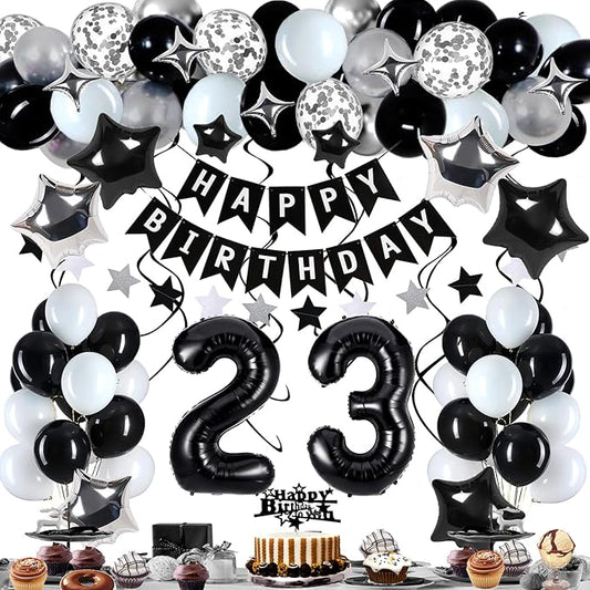 23rd Birthday Decorations for Men Women, Black White and Silver Happy 23 Party Decor Set with 23 Number Foil Balloons, Banner, Cake Topper for Him Her