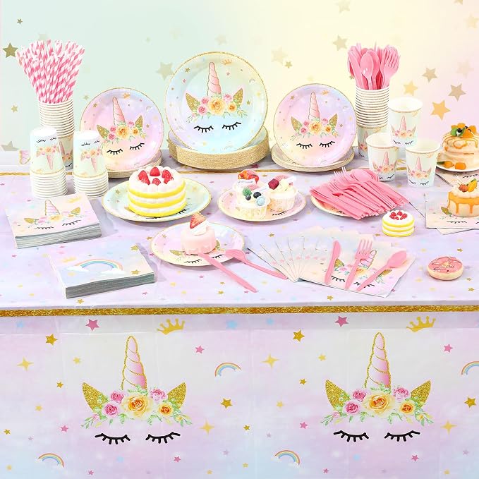 Funnymoom 452 Pcs Unicorn Themed Birthday Party Decorations Include Unicorn Paper Plates Napkins Cups Tablecloth Cutlery Straws Rainbow Pastel Theme Party Supplies for Birthday Decorations